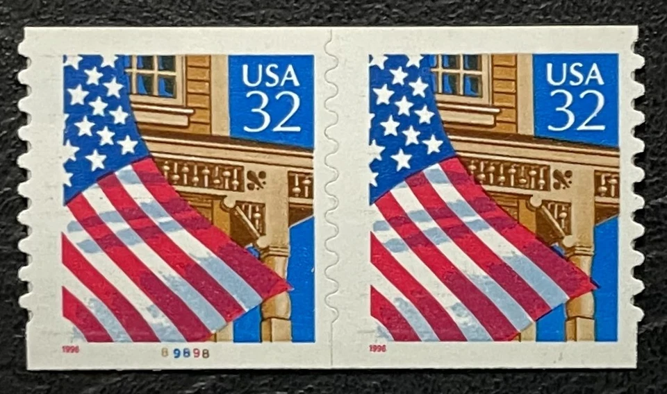 1996 Scott #2915a, 32¢, FLAG OVER PORCH - Coil Pair Red "1996" - Mint NH - Image 1 of 1