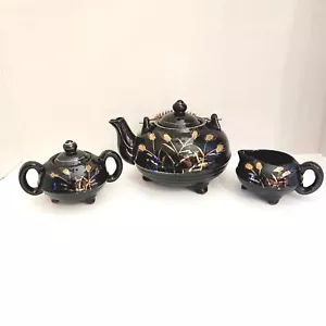 VTG Japan Redware Pottery 5pc Tea Set Black Gold Hand Painted Wheat Pattern MCM - Picture 1 of 11