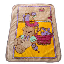 Vintage Baby Blanket Bear Bunny in Basket Beige Tan Baby Bottle Rattle 55x41”