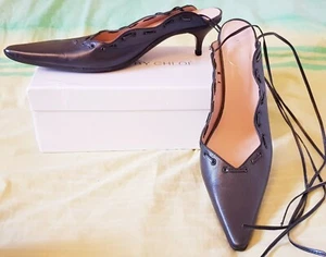 New Robert Clergerie 5.5 38.5 Espace blue leather slingbacks designer kitten - Picture 1 of 7