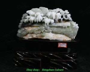 9.4'' Chinese Natural Green Xiu Jade Carving Landscape Shanzi Tree House Statue - Picture 1 of 11