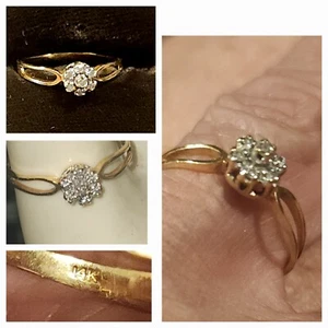 ANILLO Oro Amarillo 14k Pequeño Racimo Redondo Diamante Brillante Flor Estate Talla 7 - Imagen 1 de 12