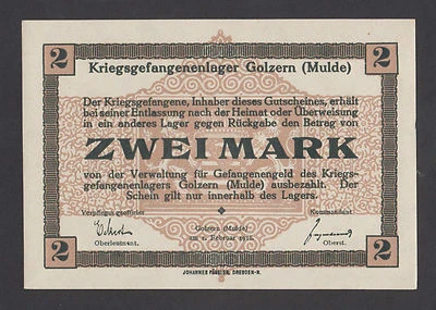 🔴GERMANY  2 Mark 1916  UNC  POW -  WWI Concentration Camp  GOLZERN   wmk type 2 - Image 1 of 3