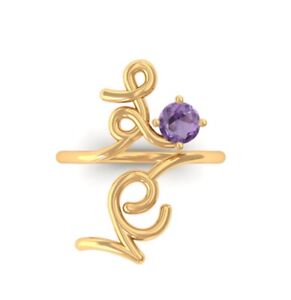 14k Pure Gold Adjustable Love Ring With Amethyst Engagement Ring Gift For Her