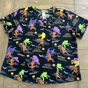 Scooby-Doo Halloween Medical Scrub Top Women XL Black Zoinks Monsters Cotton EUC - Picture 1 of 9