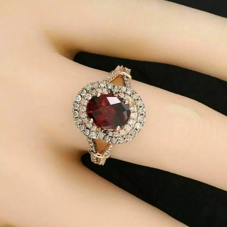 2.50Ct Oval Cut Red Garnet Diamond Halo Engagement Ring 14K Rose Gold Finish - Изображение 1 из 1
