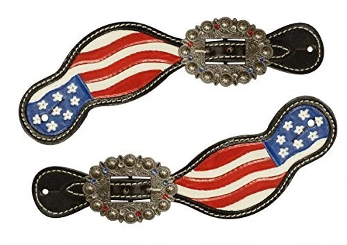 Showman Black Leather Hand Painted American Flag USA Spur Straps Rhinestones