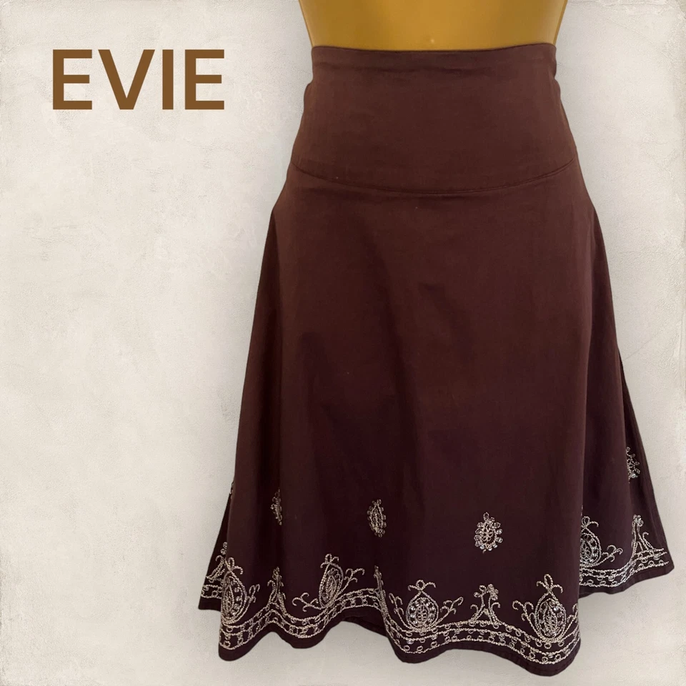 E-vie Womens Vintage Y2K 90's Brown Cotton Silver Embroidered A-Line Skirt UK 10 - Image 1 of 3