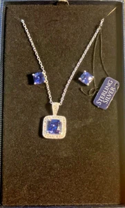 Conjunto de collar y pendientes de plata de ley zafiro azul circonita cúbica conjunto de regalo de joyería - Imagen 1 de 5