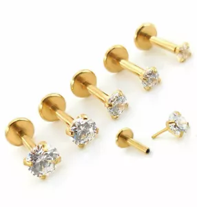 NEW - Gold Tone Plated Flat Back Round CZ Nose Earring Cartilage Helix Rings 18G - Picture 1 of 11