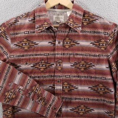 Stetson Shirt Medium Brown Pearl Snap Sawtooth Brushed Twill Southwest Aztec - Image 1 of 4
