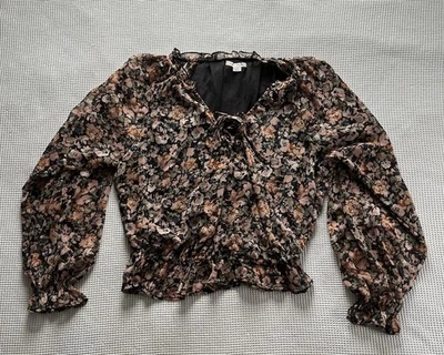 American Eagle Ruffle Medium Floral Blouse Top Whimsical Sheer Tie Front Fall - Изображение 1 из 4
