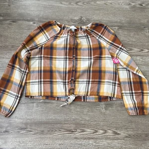 Childrens Place Tie Waist Top Girls 14 Brown Plaid Long Sleeve New - Picture 1 of 9