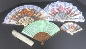 VENTILADORES DE MANO VINTAGE 4 PIEZAS 3 TELA PINTADA 1 PAPEL CON ESTUCHE - Imagen 1 de 17