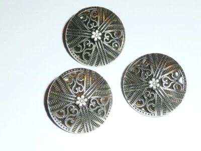 Flower & Filigree Pattrn Cast Metal Shank Button Antique Silver Finish  3/4" (3) - Image 1 of 4