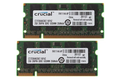 Crucial 2X2GB 2 G 2RX8 PC2-5300S Memory RAM DDR2 667Mhz 200pin Laptop SODIMM - Image 1 of 4