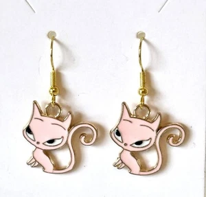CUTE PINK CAT 925 Sterling Gold Plated Cat Dangle Earrings - Picture 1 of 3