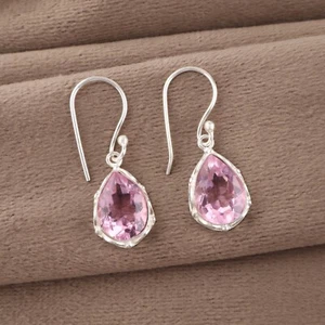 Dainty Morganite Gemstone 925 Sterling Silver Jewelry Handmade Earrings For Gift - Picture 1 of 5
