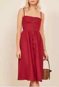 Vestido Reformation Para Mujer Talla 10 Tori Fit N Acampanado Rojo 100% Lino Bolsillos Midi - Imagen 1 de 18
