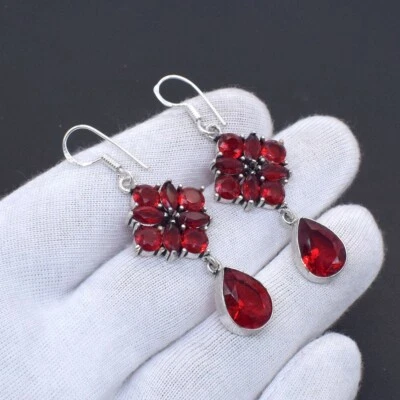 Teardrop Red Garnet Earring Dangle & Drop 925 Silver Plated Women's Jewelry Foto 1 de 4