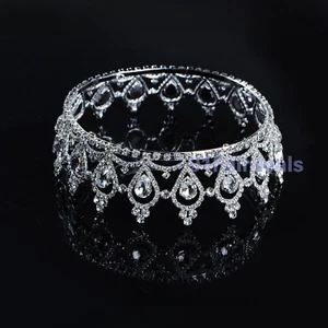 Full Round Crystal Queen Crown Clear Rhinestone Bridal Tiara Pageant Adult - Picture 1 of 4