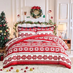 Christmas Comforter Set Queen Size with Red White Snowflake and Deers Christmas - Picture 1 of 9
