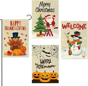 4Pcs Garden Flags Happy Halloween Thanksgiving Welcome Winter Merry Christmas Ho - Picture 1 of 7
