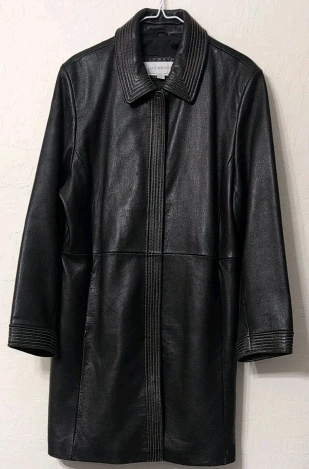 Abrigo de cuero negro para mujer Liz Claiborne punto blanco cremallera forrado frontal talla XL Foto 1 de 4