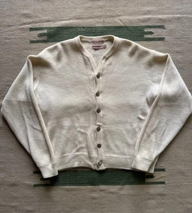 Vintage 1960s Pebble Beach USA Virgin Wool Ivory White Cardigan Size Large - Picture 1 of 5