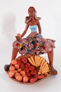 Vintage Sexy African American Hand Made Clay Figurine Fruits Seller - Picture 1 of 9