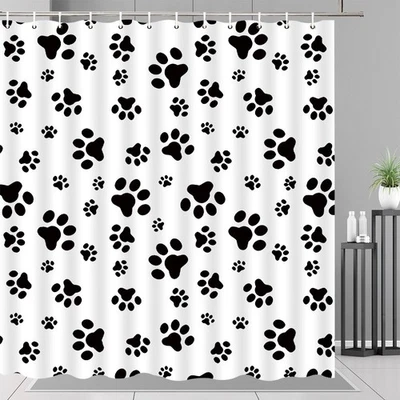 Divertida cortina de ducha con estampado de patas de perro negra blanca decoración de garras de mascotas con ganchos Foto 1 de 4