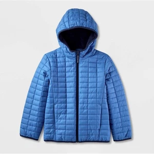 Cat and Jack Girls Boys S 6/7 Solid Puffer Jacket Hooded Microfleece Lined Blue - Picture 1 of 7