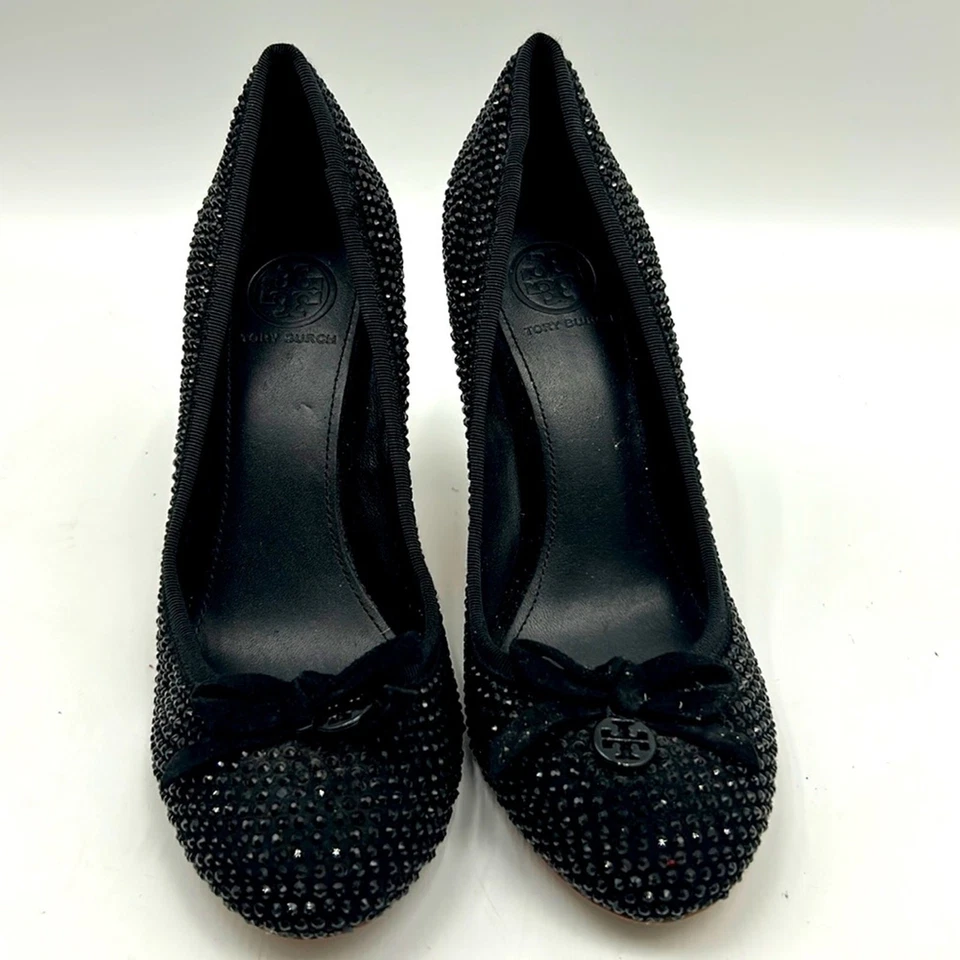 BOMBA LAZO ADORNADA CRISTALES TACÓN GAMUZA NEGRO TALLA 6.5 TORY BURCH MUJER Foto 1 de 4