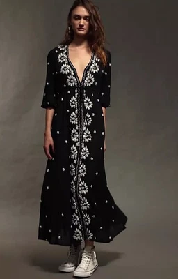 Free People S Fable Black White Floral Embroidered 3/4 Sleeve Midi Maxi Dress - Image 1 of 4
