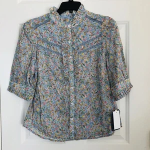 Democracy Women's Tops Ruffle Trim Floral Metallic Cotton 3/4 Sleeve Button up62 - Picture 1 of 6