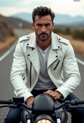 "Men's White & Red Stripes Biker Jacket - Genuine Lambskin Leather Motorcycle St - Image 1 of 2