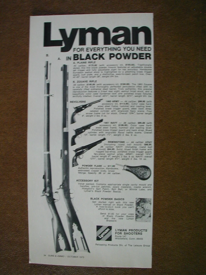 Lyman 1973 polvo negro armas de fuego caza lodge decoración vintage impresión anuncio 62 Foto 1 de 1