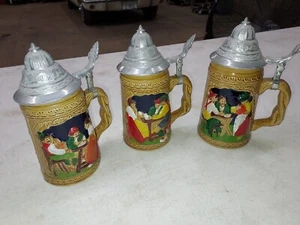 (3) Beer Stein German Mug Pint Tanker Pub Flip Top Man Cave Bar Pewter Ceramic - Picture 1 of 10