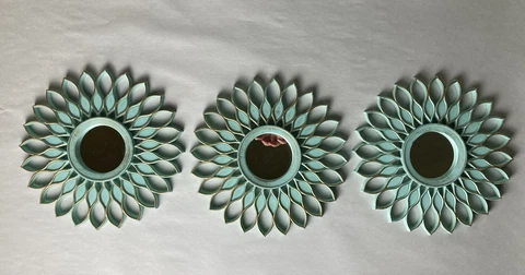 Retro Style Sun Burst  Plastic Wall Mirrors Pale Blue, Gold Trim Set Of 3 Cover