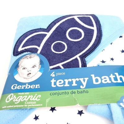 Gerber 4 Piece Terry Bath Organic Cotton Hooded Towel 3 Washcloth USA Seller - Image 1 of 4