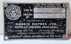 1950s Morris Motors LTD, Cowley Oxford England, engine car truck plate - Picture 1 of 5