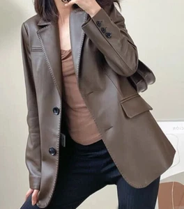 Women's Genuine Leather Blazer Long Coat Black/Brown Lined Button Down Jacket - Picture 1 of 6