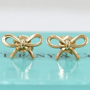 Tiffany & Co. Bow Ribbon Stud Earrings 18K Yellow Gold 750 Auth w/Box #3604 - Picture 1 of 7