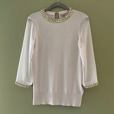 Ted Baker Embellished Knit Sweater Pale Pink Sheer Sleeve Quiet Luxury Neutral - Image 1 of 4