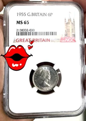 UK, Great Britain 6 Pence 1955. Reverse Die B. Sixpence Lucky Wedding coin MS65 - Image 1 of 3