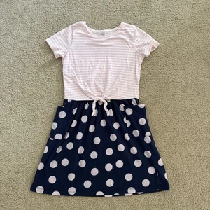 Girls Carter’s 14/14A Pink & Navy Blue Stripe Polkadot Cotton Dress With Pockets - Picture 1 of 8