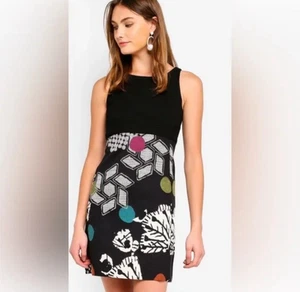 Vestido Desigual Línea A Talla 40 Negro Acanalado Tejido Corpiño Colorido Bolsillos Retro - Imagen 1 de 19