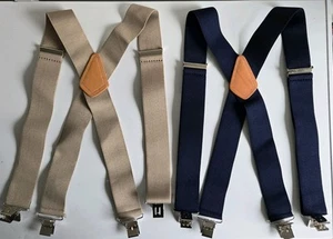2 Mens 2 Inch Heavy Duty Adjustable X-Back Suspenders w Clips Blue Khaki Vintage - Picture 1 of 7