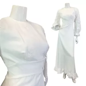 VINTAGE 60s 70s WHITE FLORAL ANGLAISE EMBROIDERED WEDDING BOHO MAXI DRESS 10 - Picture 1 of 7