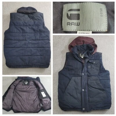 G Star Raw Puffer Vest Mens XL Blue Indigo Herringbone Denim Lined Hooded Street - Image 1 of 4